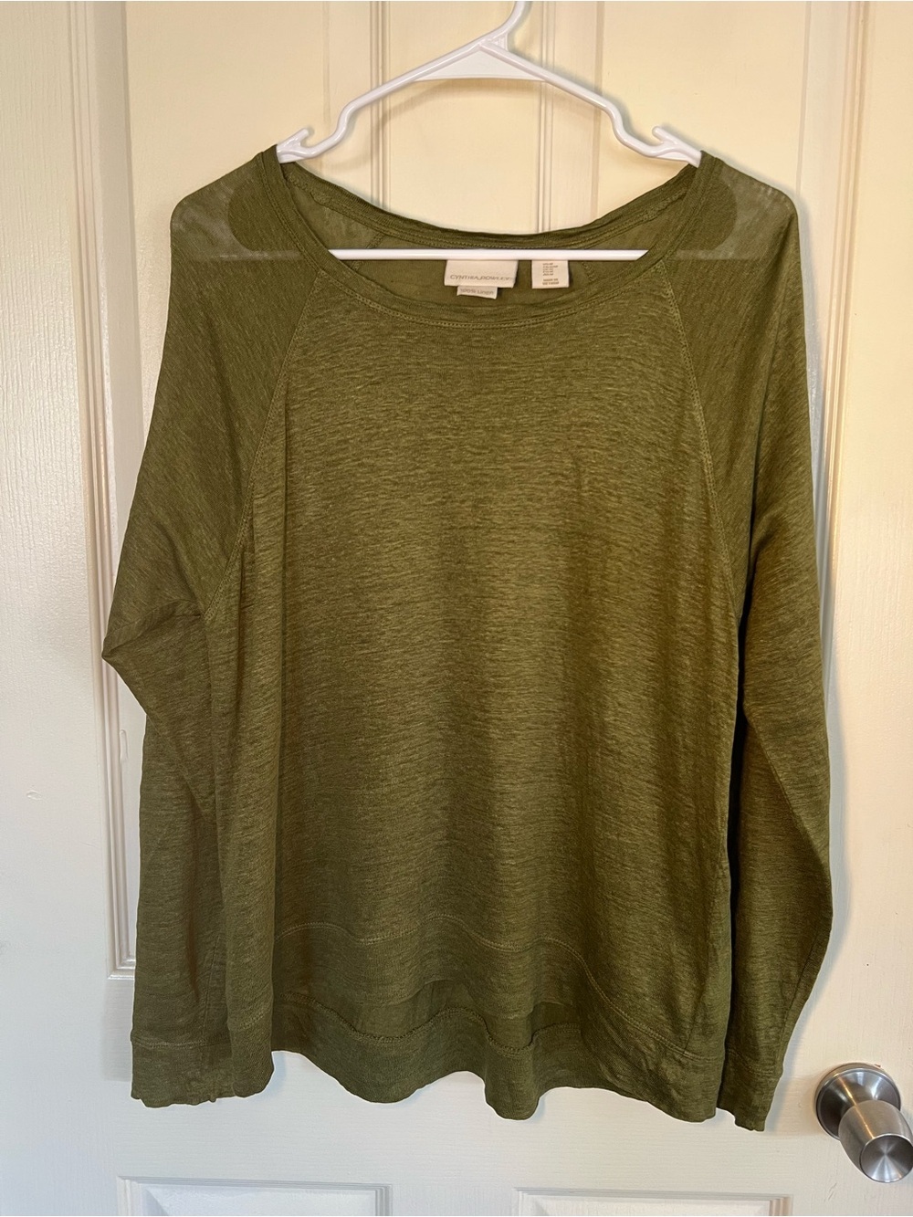 Cynthia Rowley 100% Linen Olive Green Long Sleeve Top Size Medium